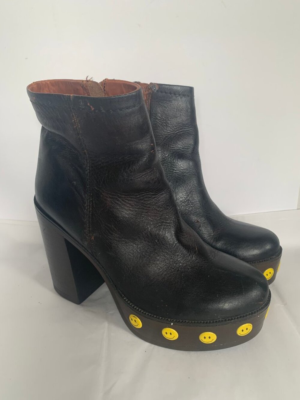 Aldo Brown BLK Leather Y2K Chunky Platform Boots Smiley Face Puffy Sticker - 9